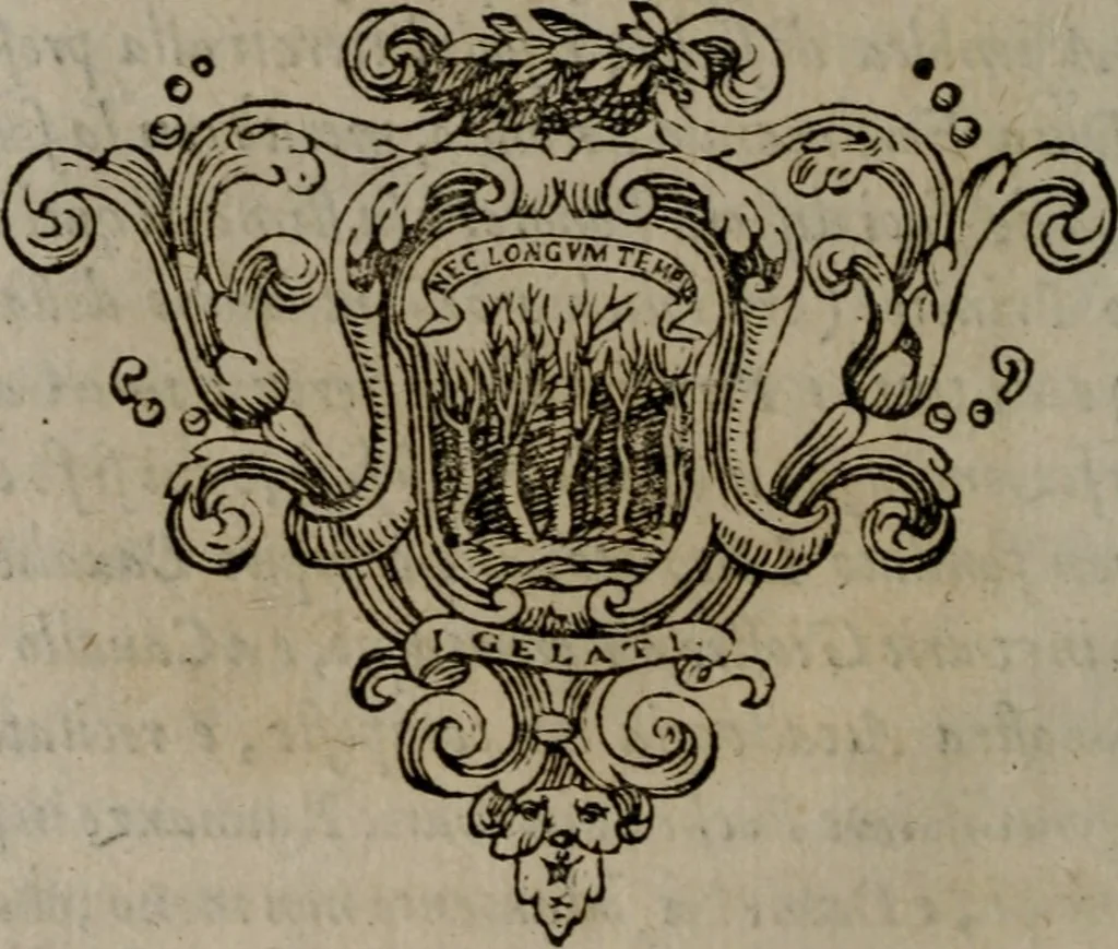 An illustration from Memorie, imprese, e ritratti de' signori Accademici Gelati de Bologna, 1672, leaf 63