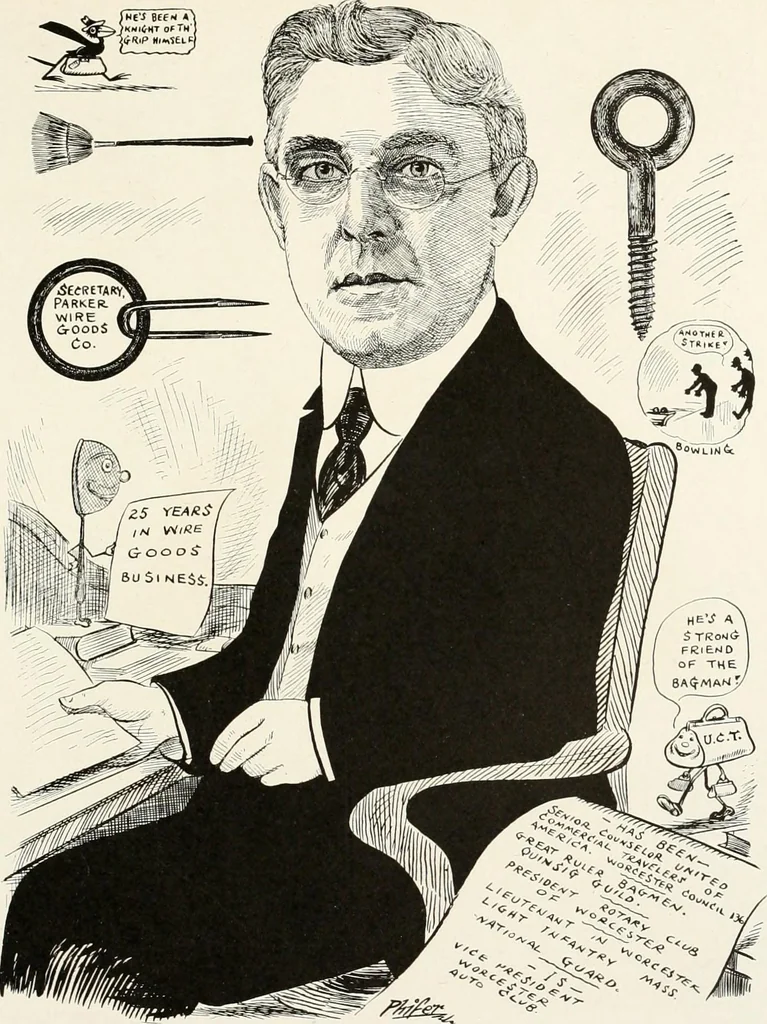 An illustration from Men of Worcester in caricature ;, 1917, leaf 122