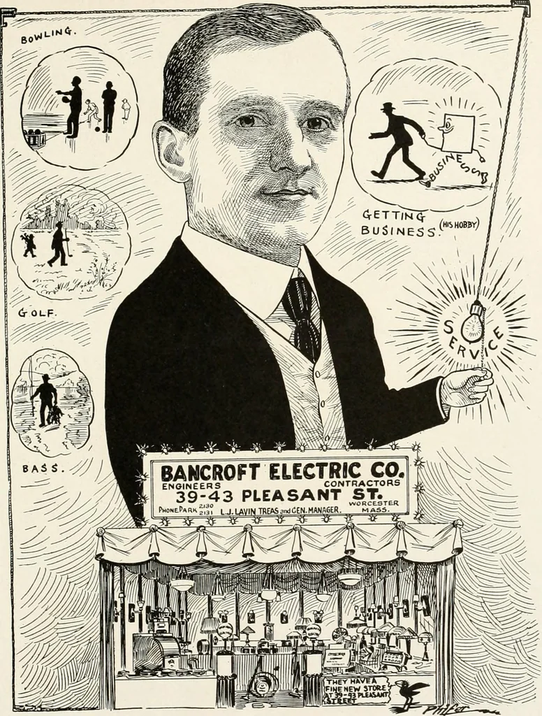 An illustration from Men of Worcester in caricature ;, 1917, leaf 142