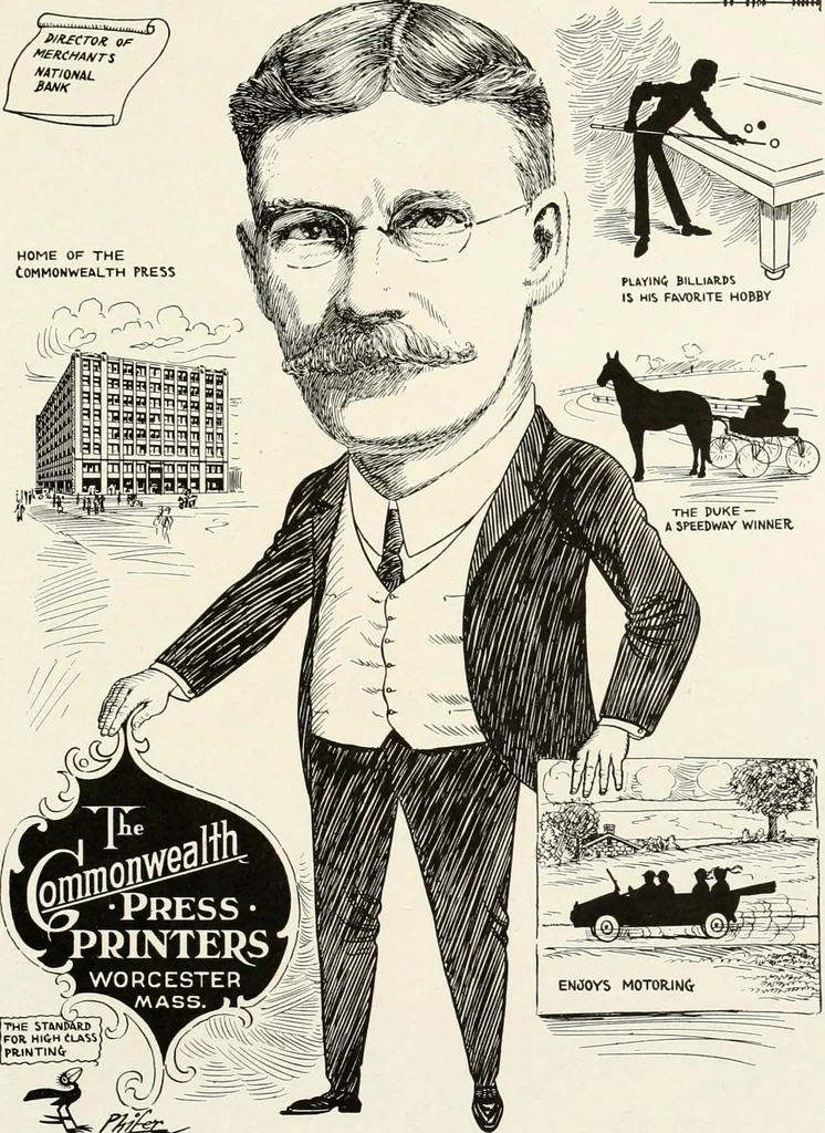 An illustration from Men of Worcester in caricature ;, 1917, leaf 148