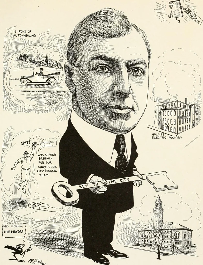 An illustration from Men of Worcester in caricature ;, 1917, leaf 8