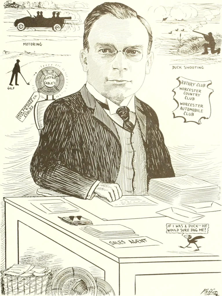 An illustration from Men of Worcester in caricature ;, 1917, leaf 102