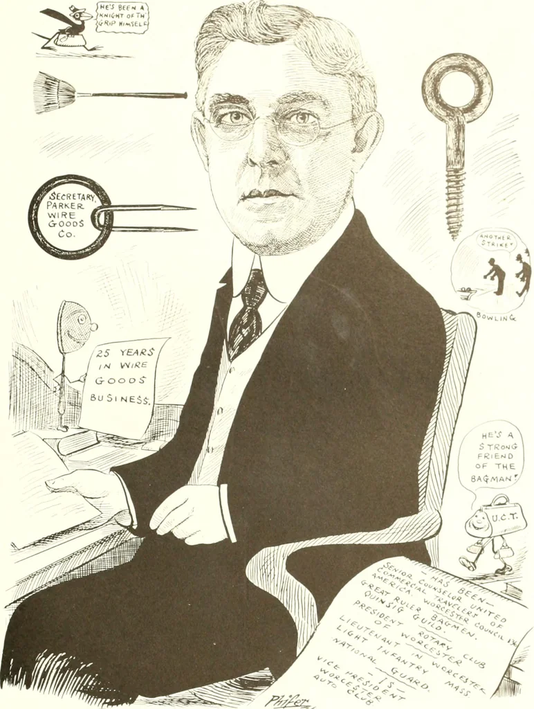 An illustration from Men of Worcester in caricature ;, 1917, leaf 122