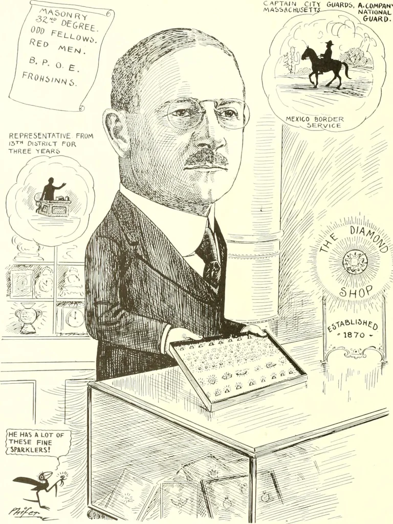 An illustration from Men of Worcester in caricature ;, 1917, leaf 265