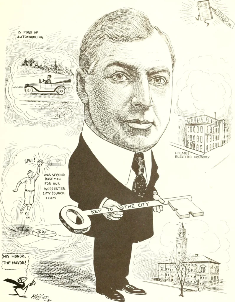 An illustration from Men of Worcester in caricature ;, 1917, leaf 8