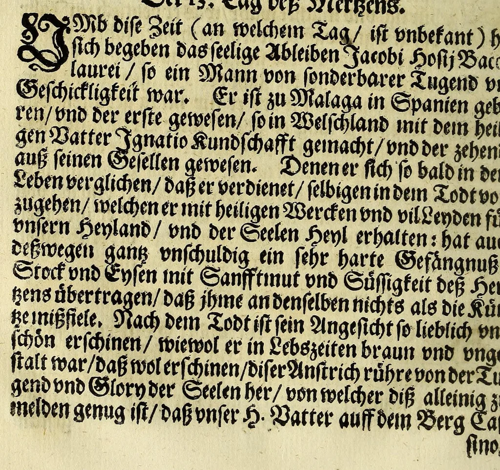 An illustration from Menologium Societatis Jesu oder Lobsame Gedächtnuss deren Patrum vnd Fratrum, so die Societät Jesu mit heiligem Leben, oder glorwürdigem Todt erleuchtet haben, 1669, leaf 36