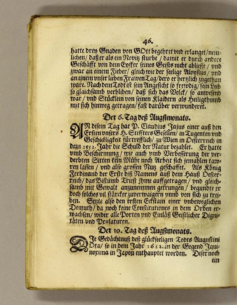 An illustration from Menologium Societatis Jesu oder Lobsame Gedächtnuss deren Patrum vnd Fratrum, so die Societät Jesu mit heiligem Leben, oder glorwürdigem Todt erleuchtet haben, 1669, leaf 68