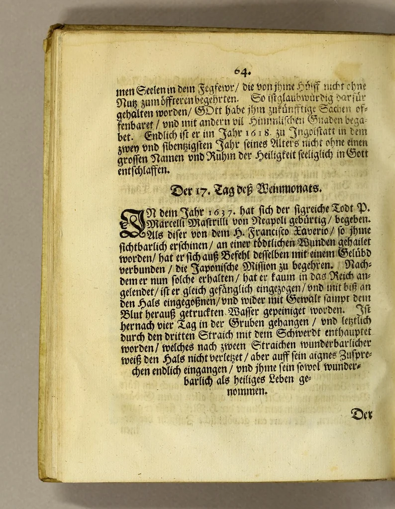 An illustration from Menologium Societatis Jesu oder Lobsame Gedächtnuss deren Patrum vnd Fratrum, so die Societät Jesu mit heiligem Leben, oder glorwürdigem Todt erleuchtet haben, 1669, leaf 86