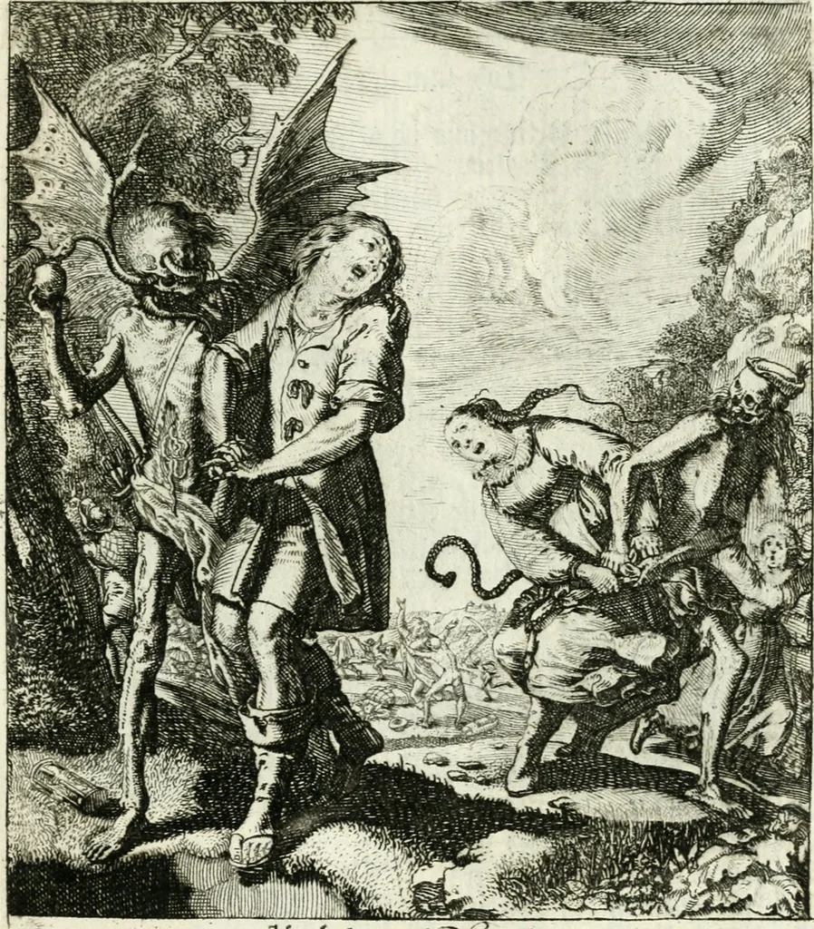 An illustration from Die menschliche Sterblichkeit unter dem Titel Todten-Tanz, in LXI. Original-Kupfern, 1759, leaf 102
