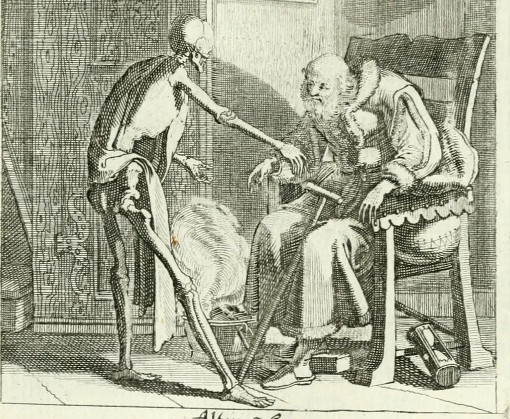 An illustration from Die menschliche Sterblichkeit unter dem Titel Todten-Tanz, in LXI. Original-Kupfern, 1759, leaf 104