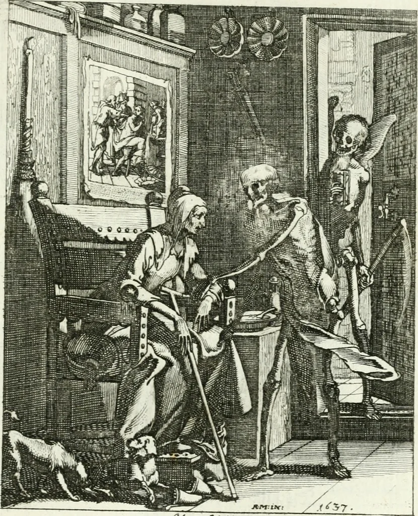 An illustration from Die menschliche Sterblichkeit unter dem Titel Todten-Tanz, in LXI. Original-Kupfern, 1759, leaf 106