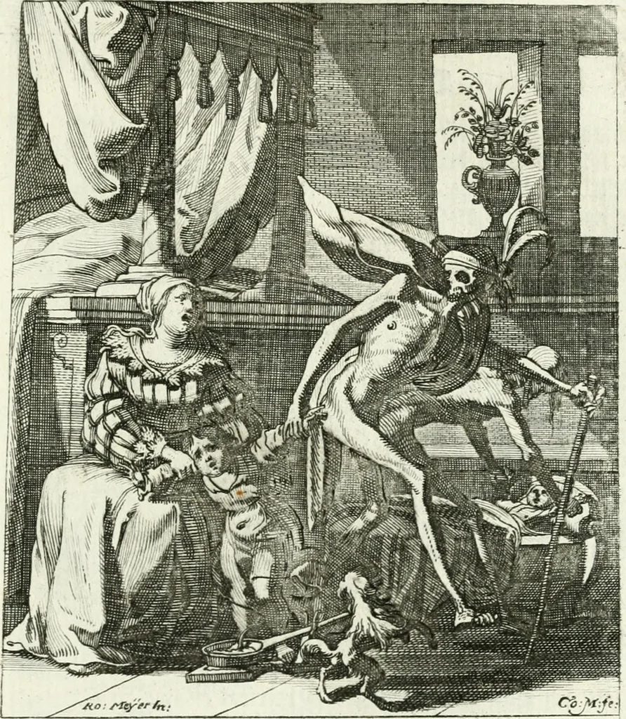An illustration from Die menschliche Sterblichkeit unter dem Titel Todten-Tanz, in LXI. Original-Kupfern, 1759, leaf 110