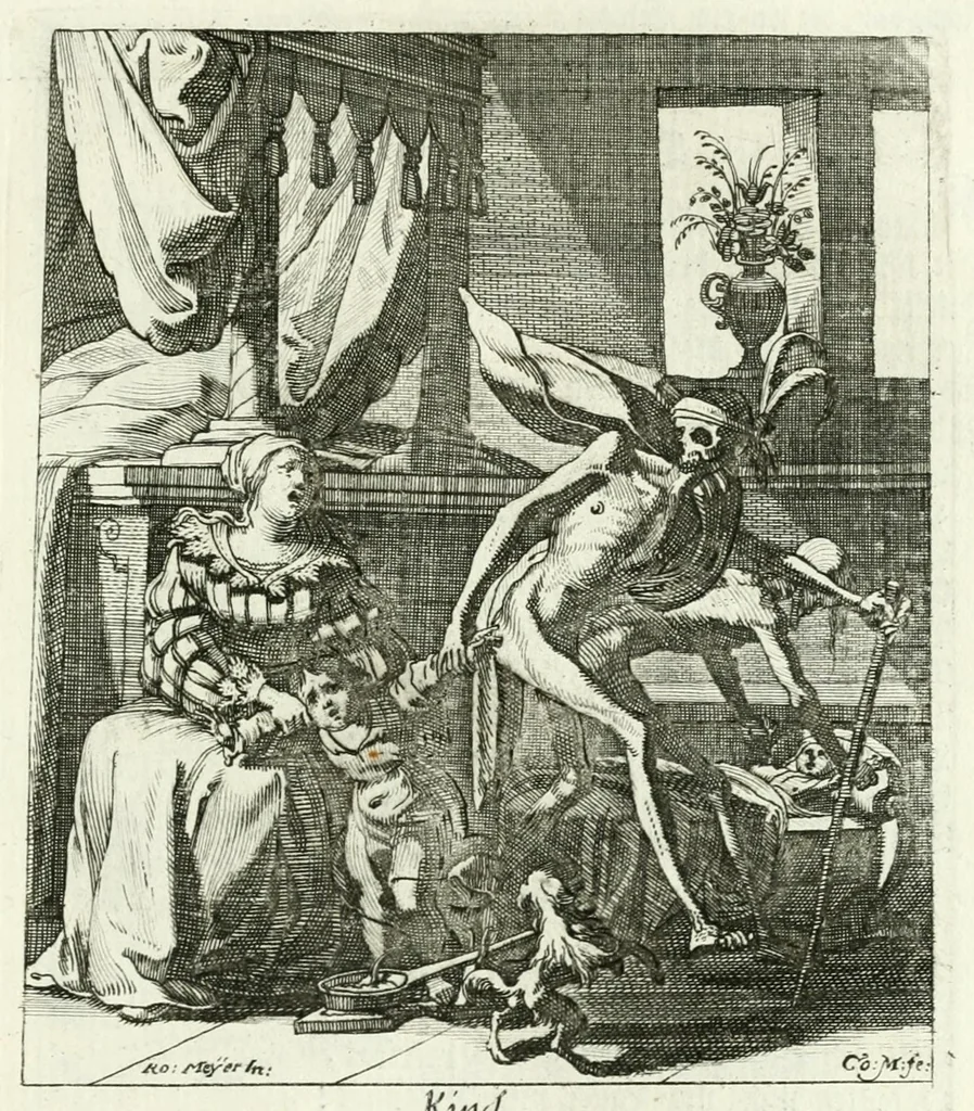 An illustration from Die menschliche Sterblichkeit unter dem Titel Todten-Tanz, in LXI. Original-Kupfern, 1759, leaf 111
