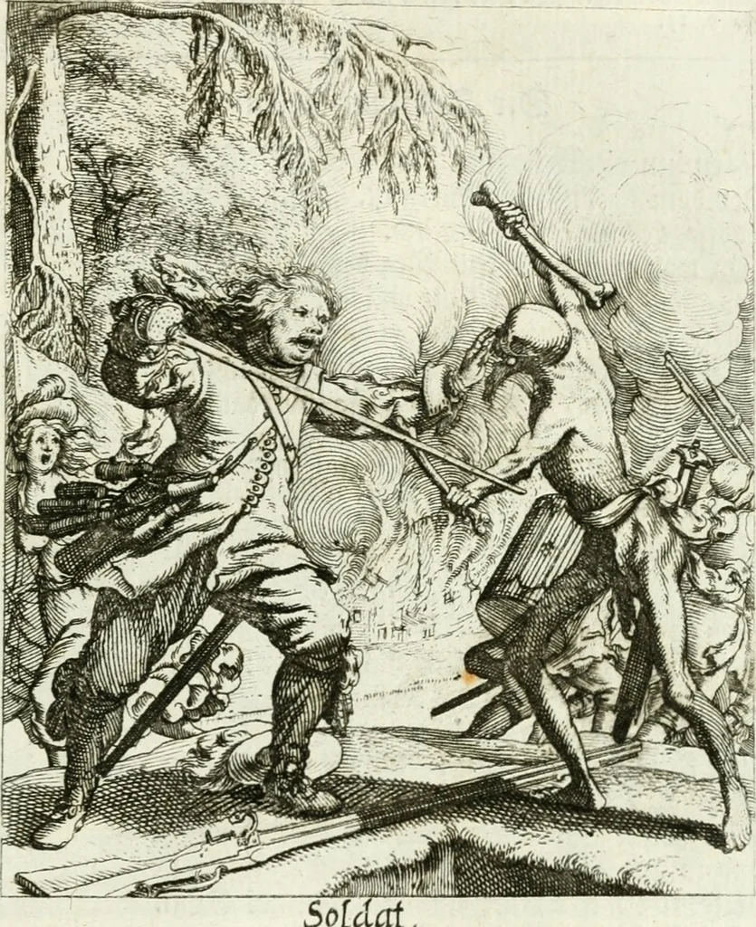 An illustration from Die menschliche Sterblichkeit unter dem Titel Todten-Tanz, in LXI. Original-Kupfern, 1759, leaf 112