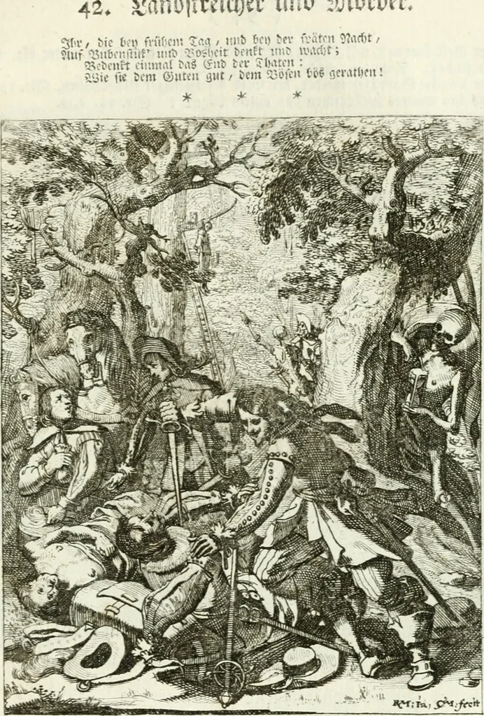 An illustration from Die menschliche Sterblichkeit unter dem Titel Todten-Tanz, in LXI. Original-Kupfern, 1759, leaf 116