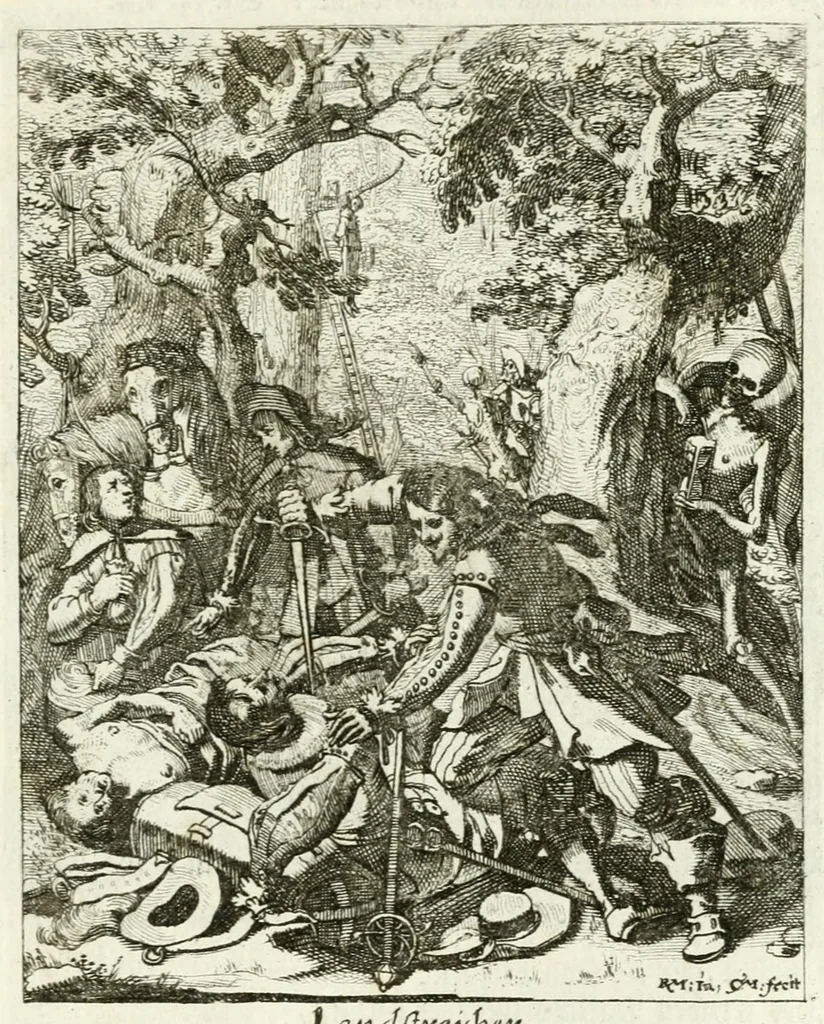 An illustration from Die menschliche Sterblichkeit unter dem Titel Todten-Tanz, in LXI. Original-Kupfern, 1759, leaf 117