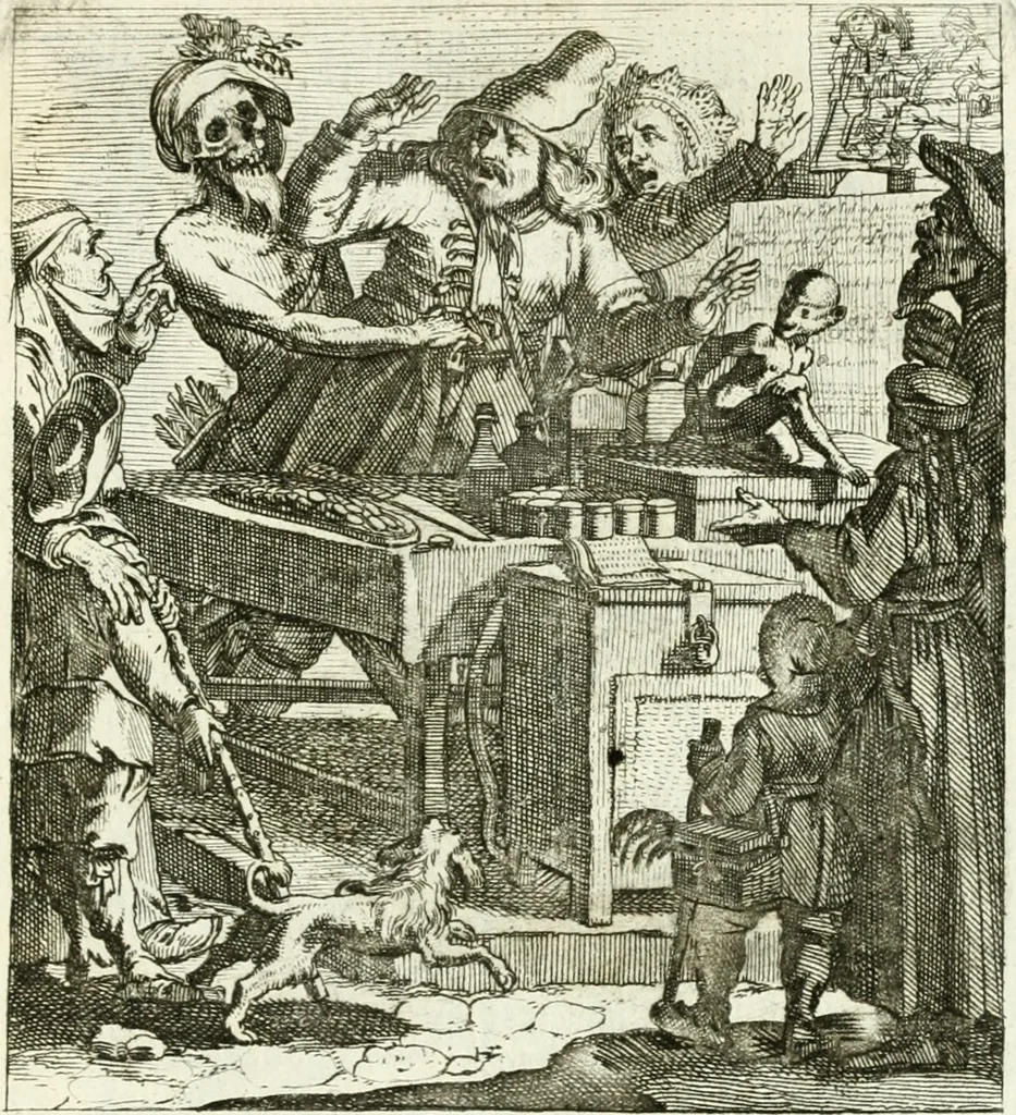 An illustration from Die menschliche Sterblichkeit unter dem Titel Todten-Tanz, in LXI. Original-Kupfern, 1759, leaf 118