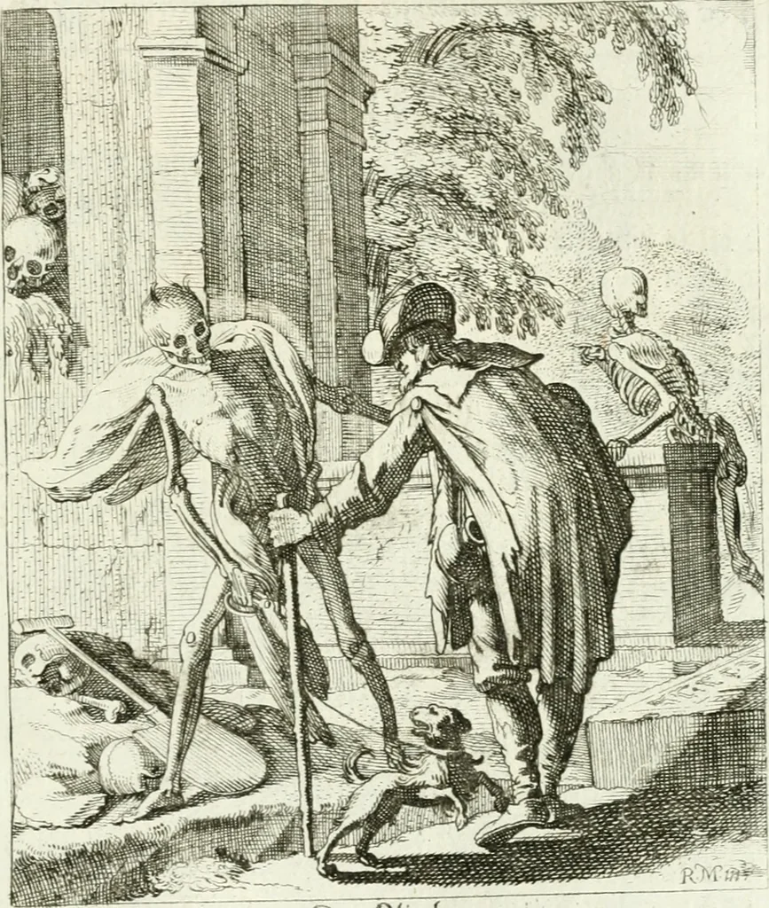 An illustration from Die menschliche Sterblichkeit unter dem Titel Todten-Tanz, in LXI. Original-Kupfern, 1759, leaf 120