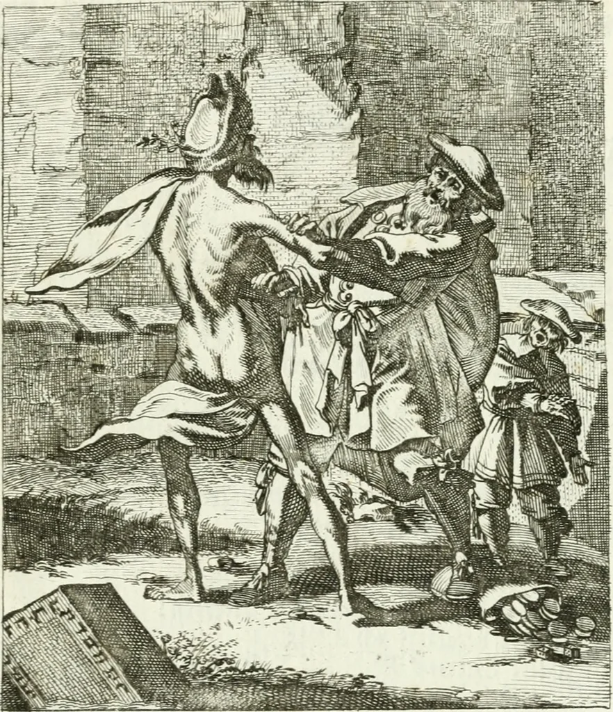 An illustration from Die menschliche Sterblichkeit unter dem Titel Todten-Tanz, in LXI. Original-Kupfern, 1759, leaf 124