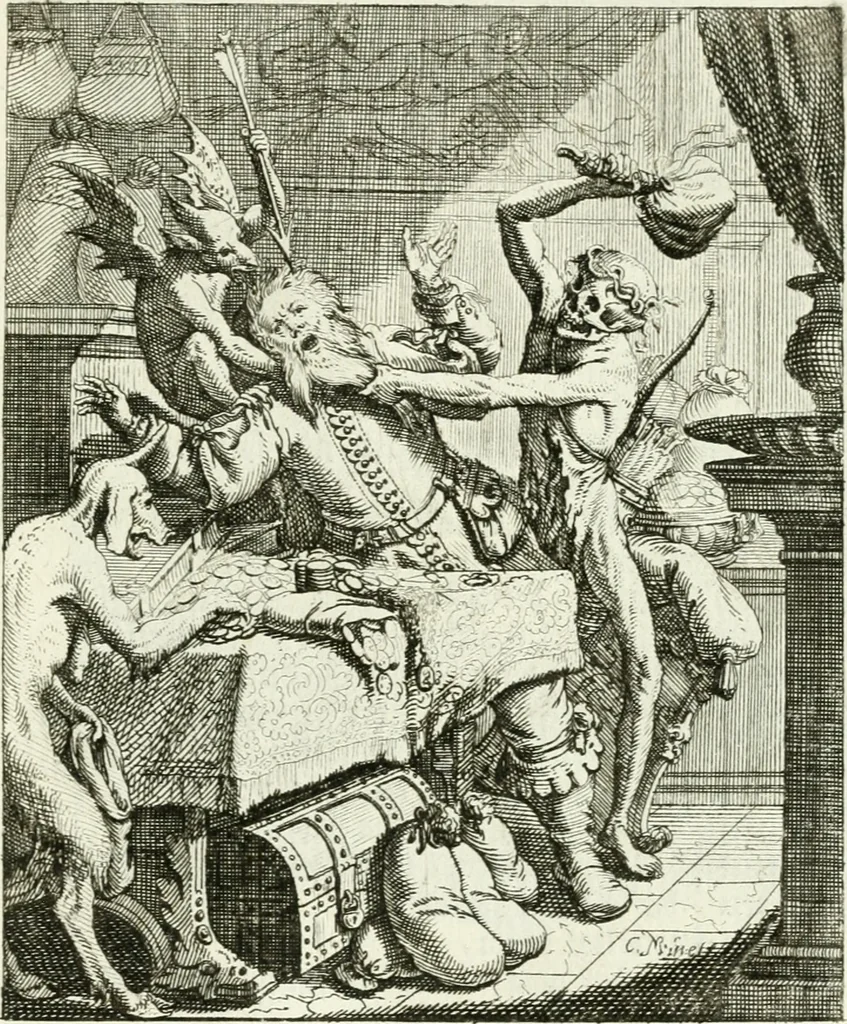 An illustration from Die menschliche Sterblichkeit unter dem Titel Todten-Tanz, in LXI. Original-Kupfern, 1759, leaf 126