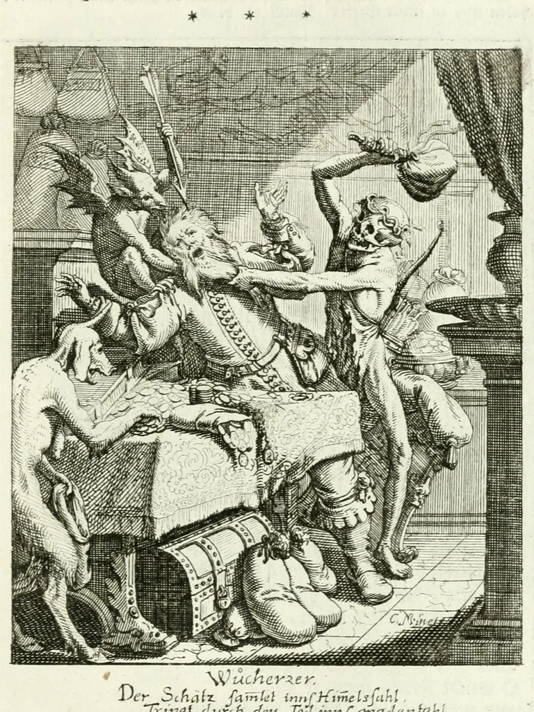 An illustration from Die menschliche Sterblichkeit unter dem Titel Todten-Tanz, in LXI. Original-Kupfern, 1759, leaf 127