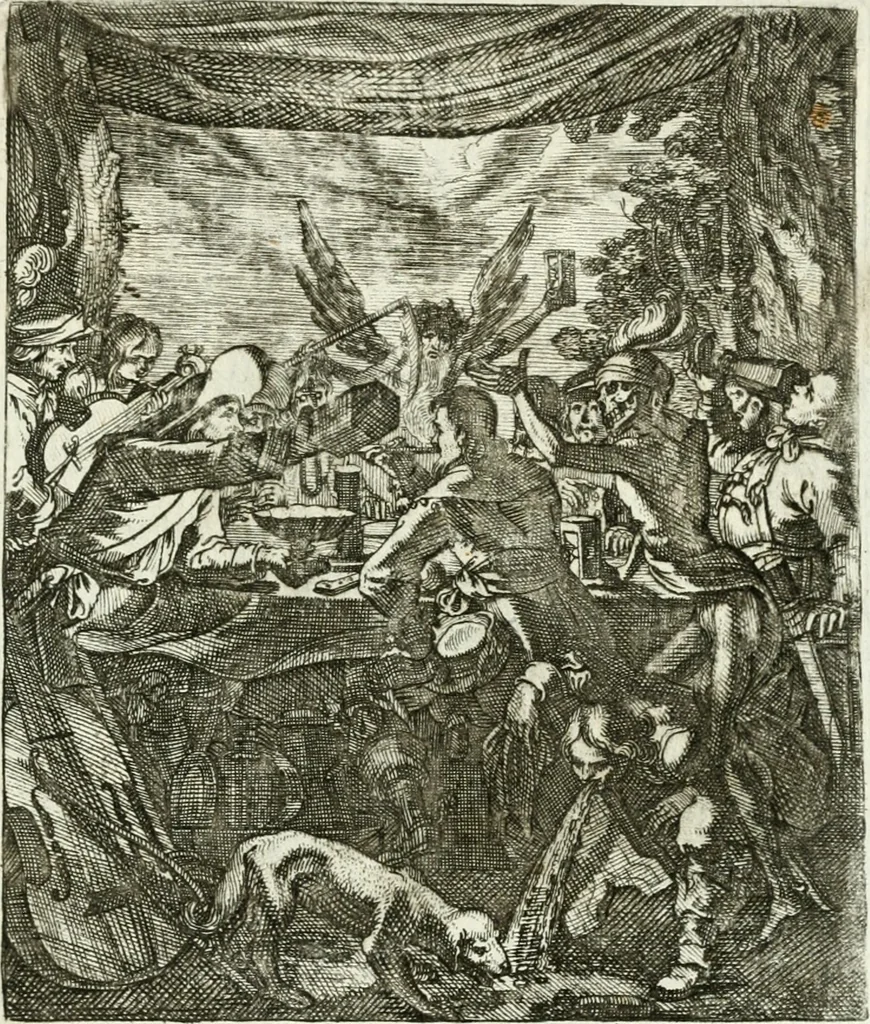 An illustration from Die menschliche Sterblichkeit unter dem Titel Todten-Tanz, in LXI. Original-Kupfern, 1759, leaf 130