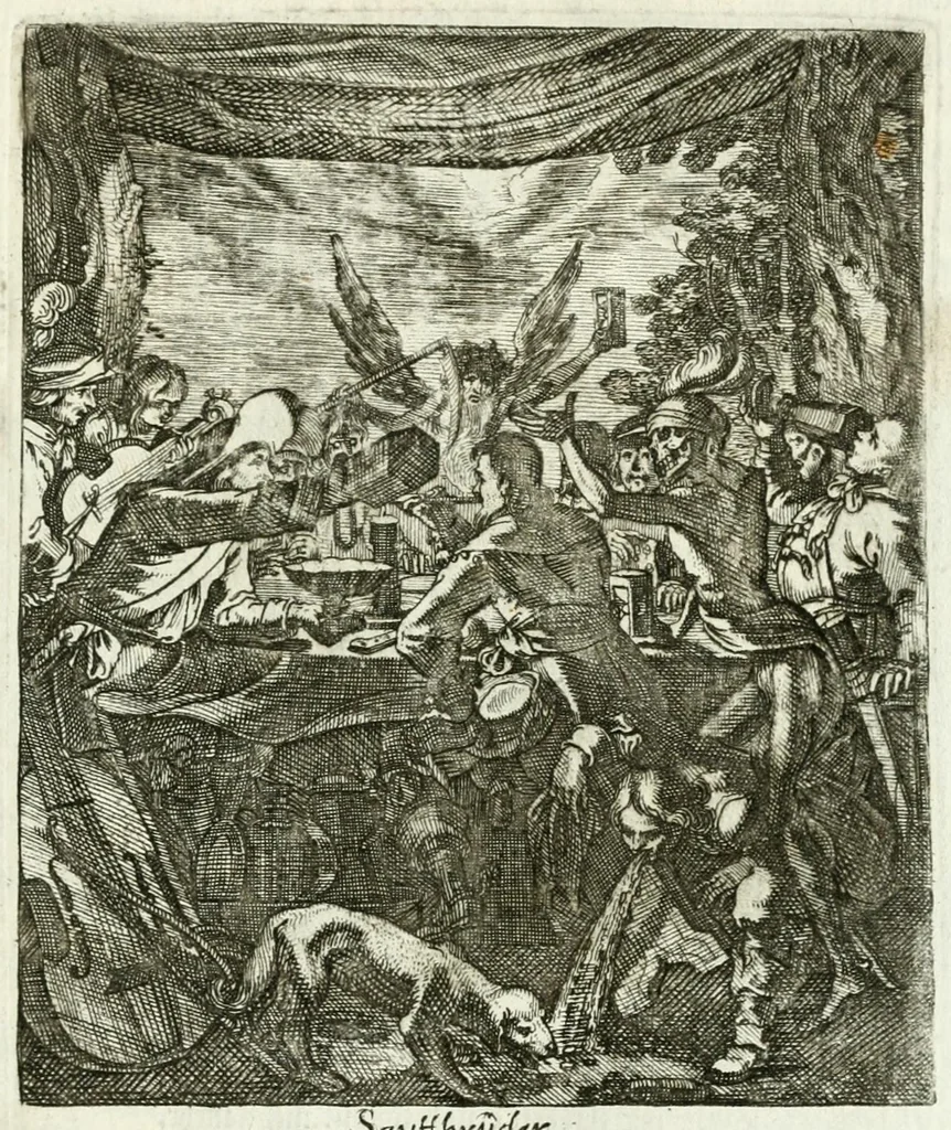 An illustration from Die menschliche Sterblichkeit unter dem Titel Todten-Tanz, in LXI. Original-Kupfern, 1759, leaf 131