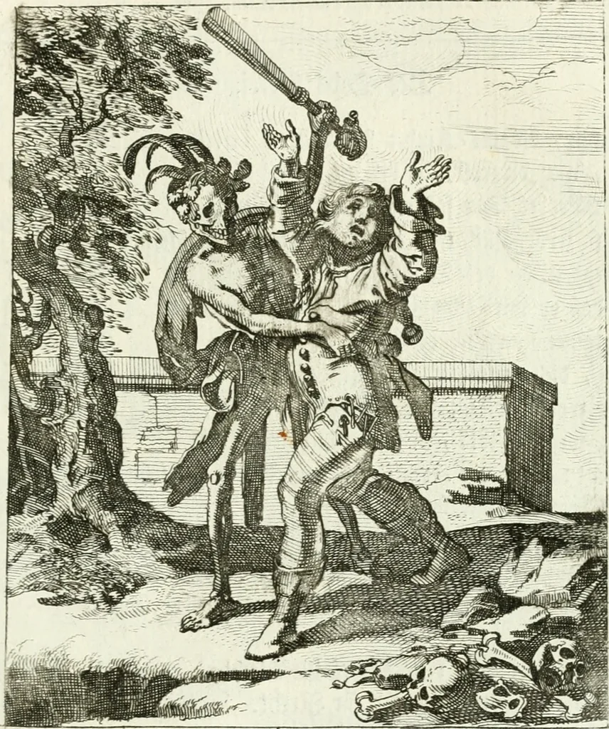 An illustration from Die menschliche Sterblichkeit unter dem Titel Todten-Tanz, in LXI. Original-Kupfern, 1759, leaf 134