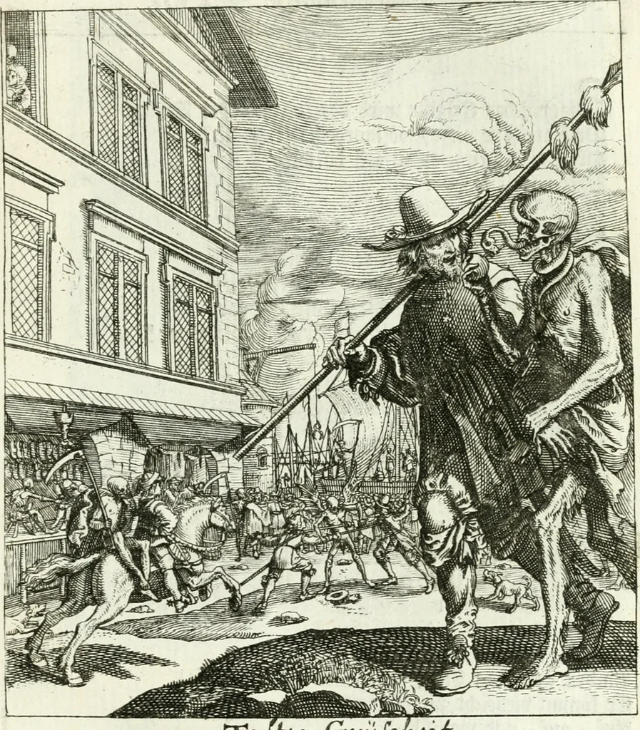 An illustration from Die menschliche Sterblichkeit unter dem Titel Todten-Tanz, in LXI. Original-Kupfern, 1759, leaf 136