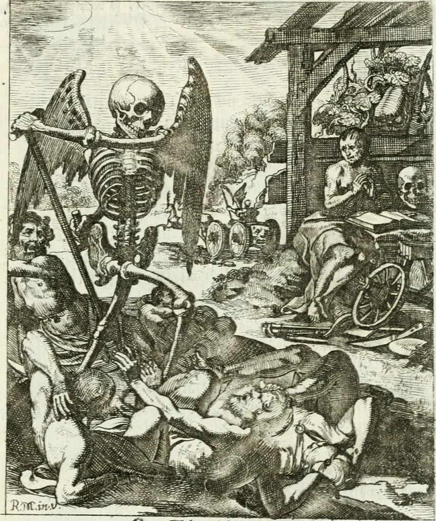 An illustration from Die menschliche Sterblichkeit unter dem Titel Todten-Tanz, in LXI. Original-Kupfern, 1759, leaf 138