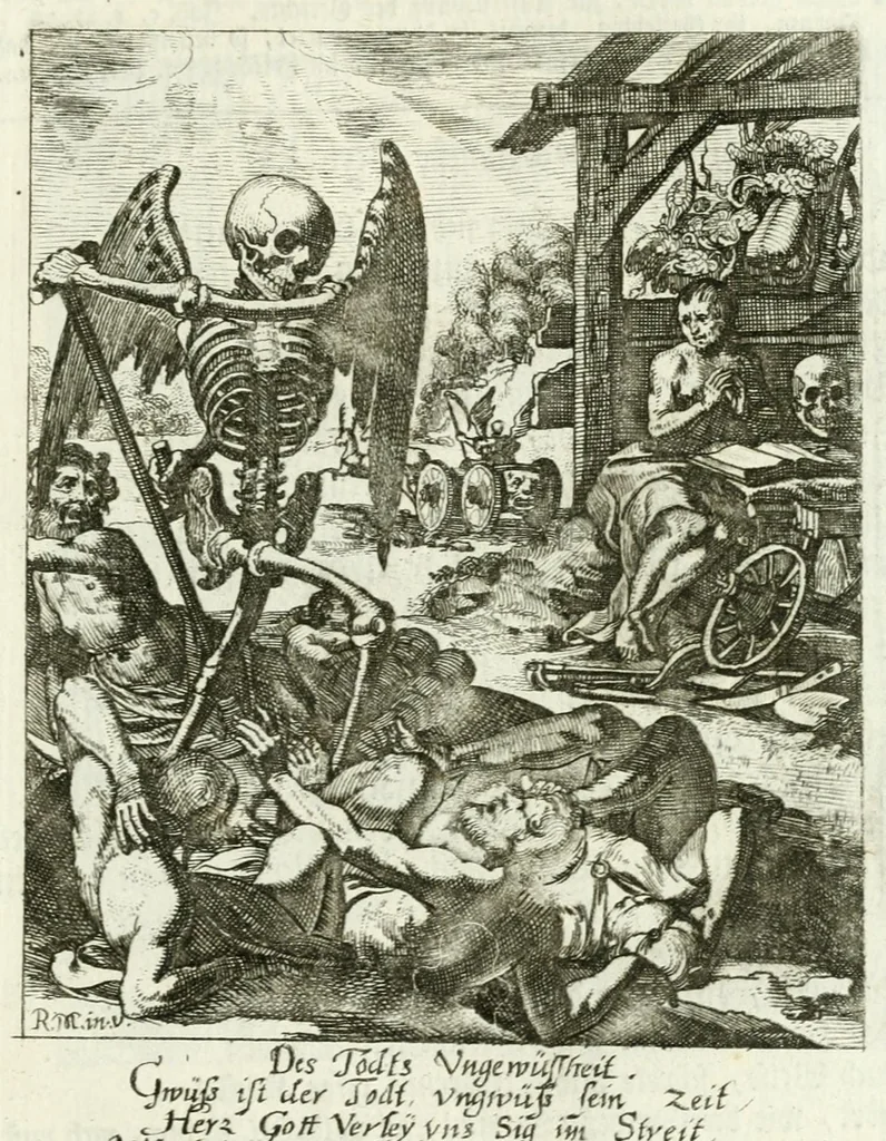 An illustration from Die menschliche Sterblichkeit unter dem Titel Todten-Tanz, in LXI. Original-Kupfern, 1759, leaf 139