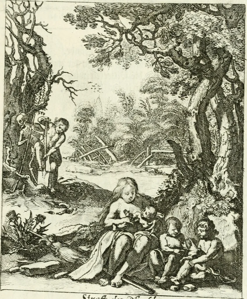 An illustration from Die menschliche Sterblichkeit unter dem Titel Todten-Tanz, in LXI. Original-Kupfern, 1759, leaf 32