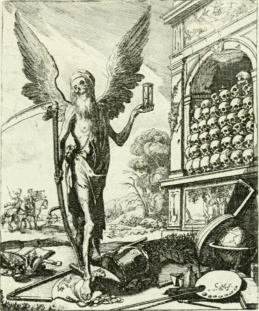 An illustration from Die menschliche Sterblichkeit unter dem Titel Todten-Tanz, in LXI. Original-Kupfern, 1759, leaf 34