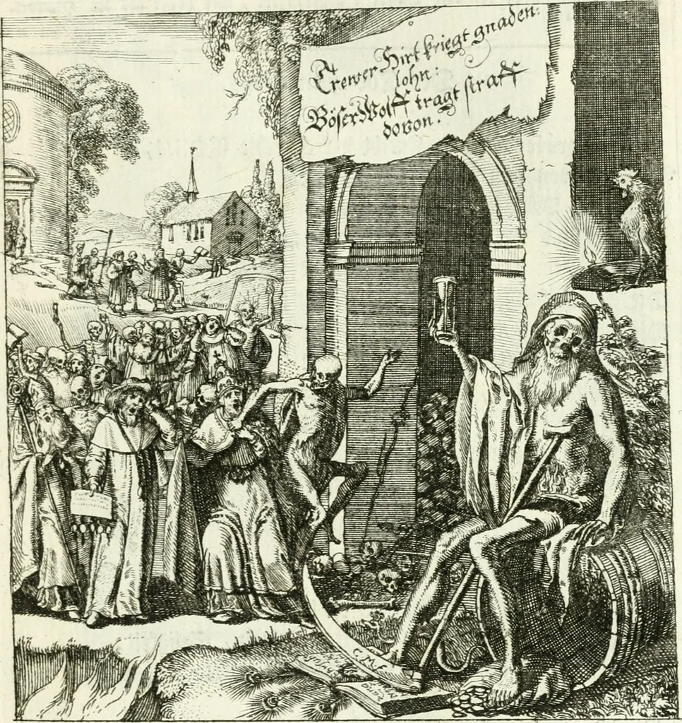 An illustration from Die menschliche Sterblichkeit unter dem Titel Todten-Tanz, in LXI. Original-Kupfern, 1759, leaf 36
