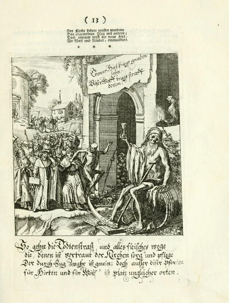 An illustration from Die menschliche Sterblichkeit unter dem Titel Todten-Tanz, in LXI. Original-Kupfern, 1759, leaf 37