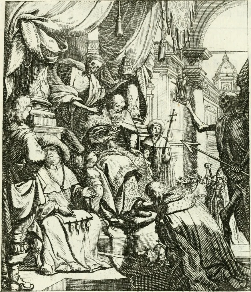 An illustration from Die menschliche Sterblichkeit unter dem Titel Todten-Tanz, in LXI. Original-Kupfern, 1759, leaf 38