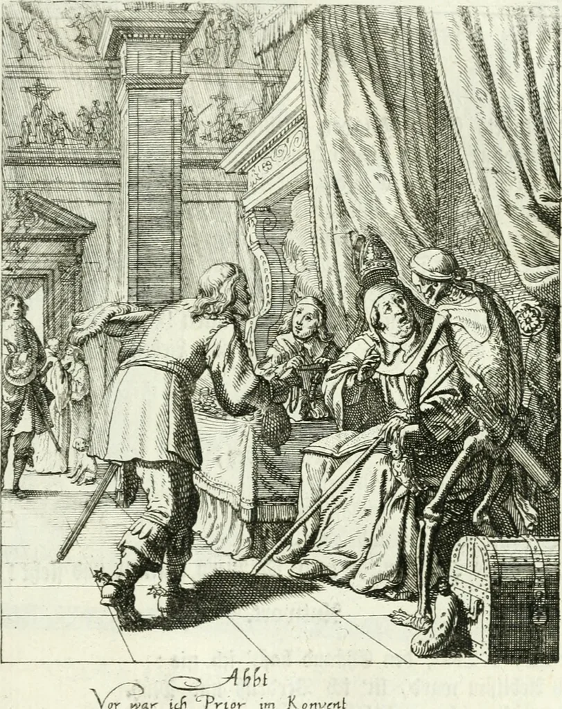 An illustration from Die menschliche Sterblichkeit unter dem Titel Todten-Tanz, in LXI. Original-Kupfern, 1759, leaf 44