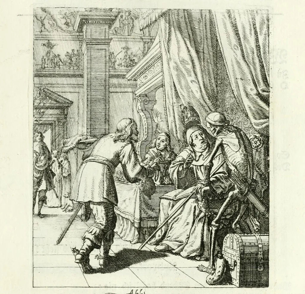 An illustration from Die menschliche Sterblichkeit unter dem Titel Todten-Tanz, in LXI. Original-Kupfern, 1759, leaf 45