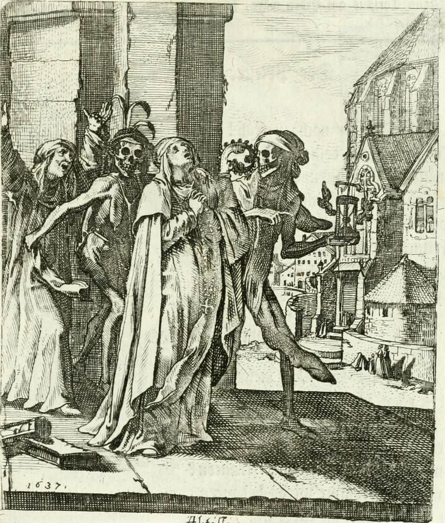 An illustration from Die menschliche Sterblichkeit unter dem Titel Todten-Tanz, in LXI. Original-Kupfern, 1759, leaf 46
