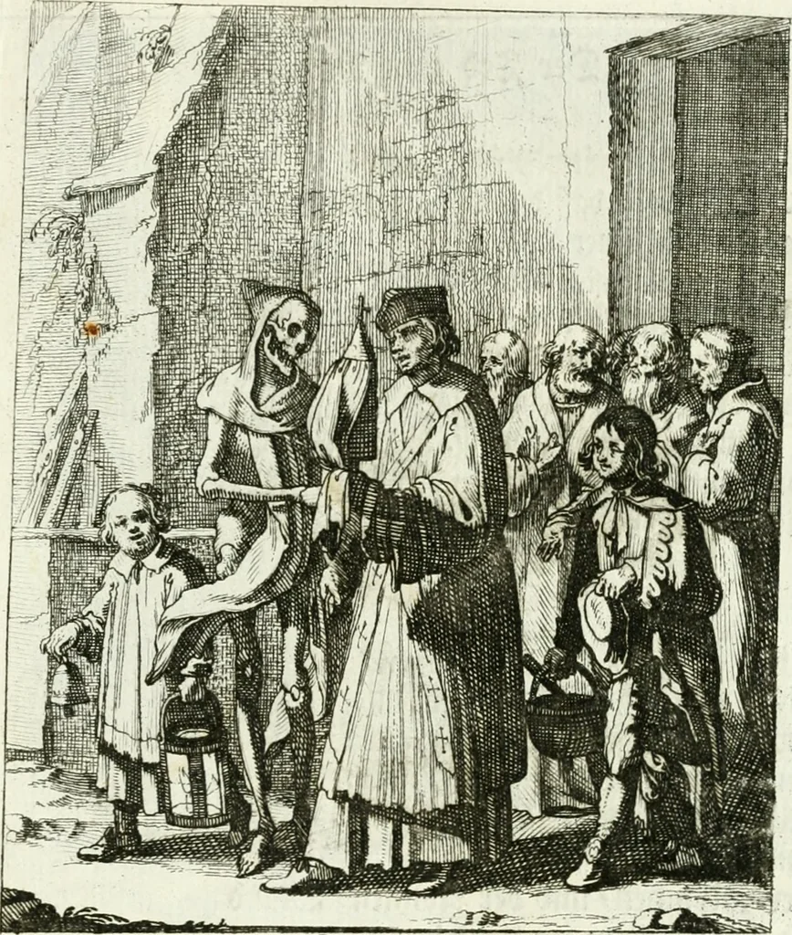 An illustration from Die menschliche Sterblichkeit unter dem Titel Todten-Tanz, in LXI. Original-Kupfern, 1759, leaf 48