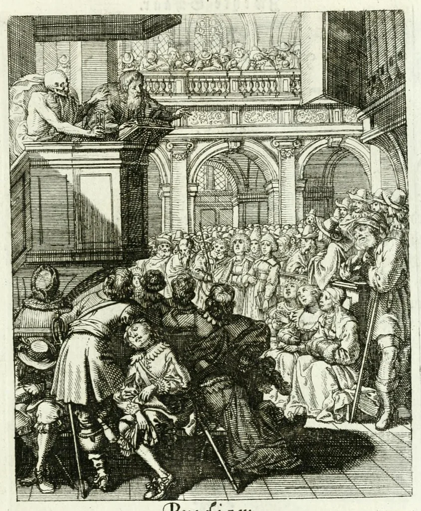 An illustration from Die menschliche Sterblichkeit unter dem Titel Todten-Tanz, in LXI. Original-Kupfern, 1759, leaf 55