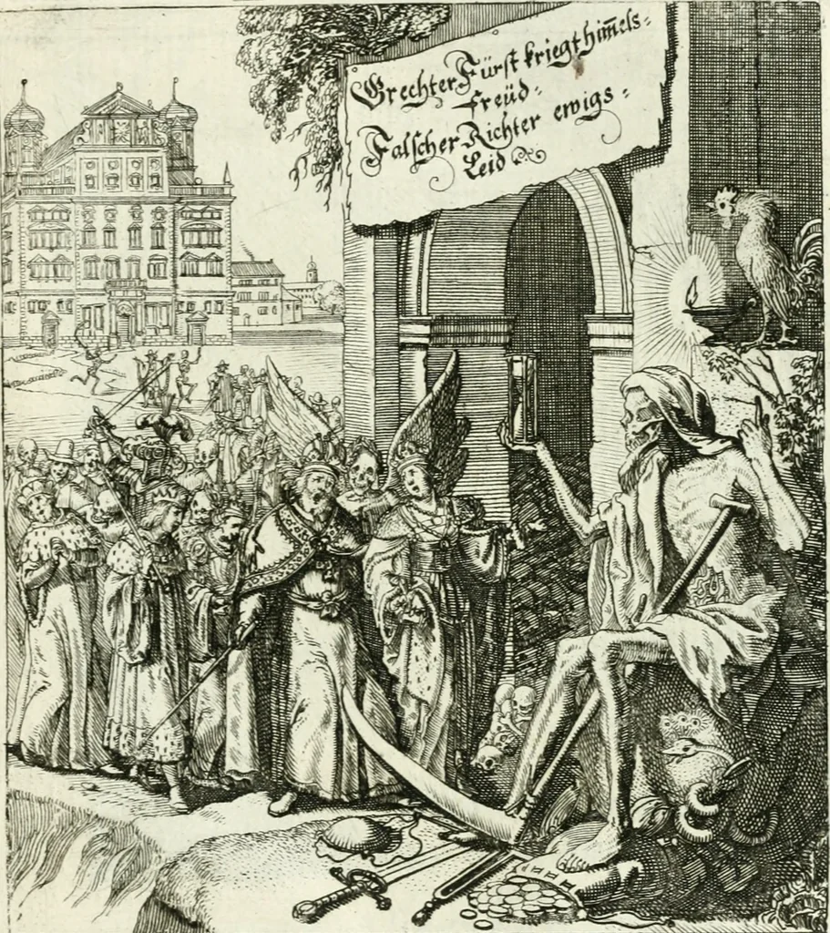 An illustration from Die menschliche Sterblichkeit unter dem Titel Todten-Tanz, in LXI. Original-Kupfern, 1759, leaf 56