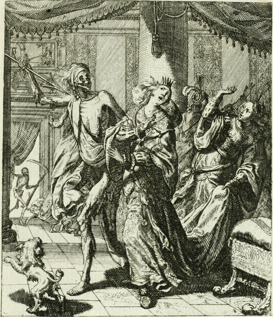 An illustration from Die menschliche Sterblichkeit unter dem Titel Todten-Tanz, in LXI. Original-Kupfern, 1759, leaf 64