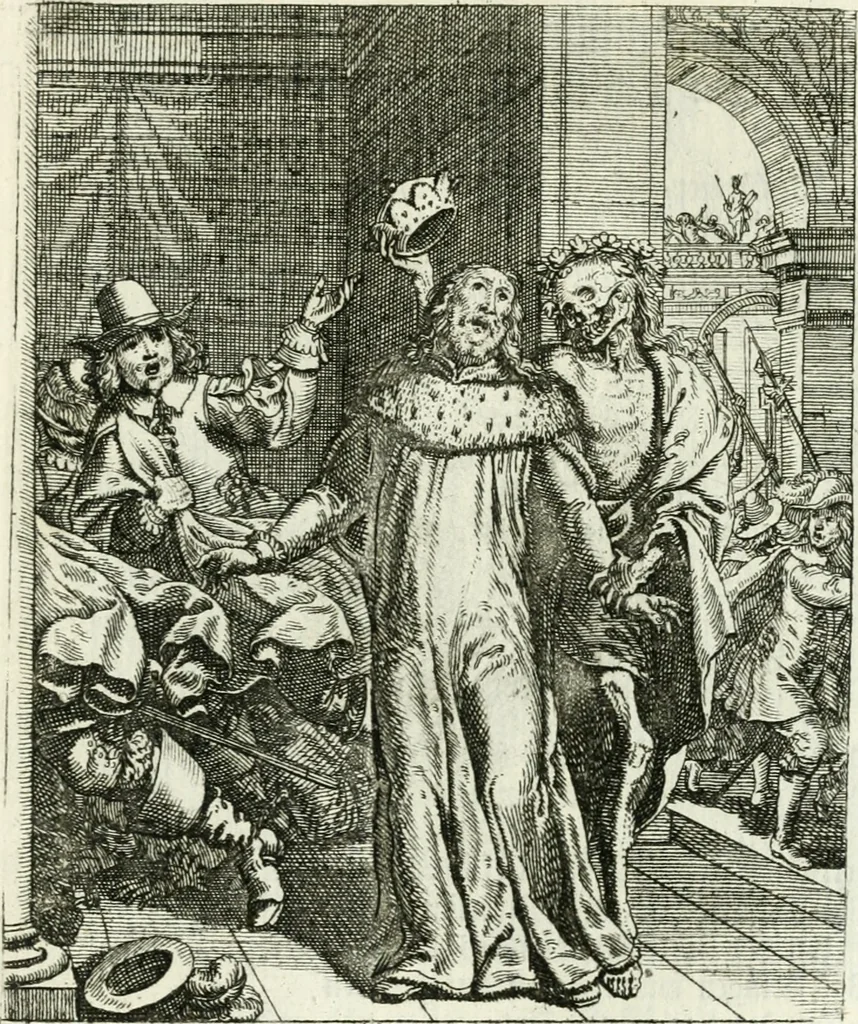 An illustration from Die menschliche Sterblichkeit unter dem Titel Todten-Tanz, in LXI. Original-Kupfern, 1759, leaf 66