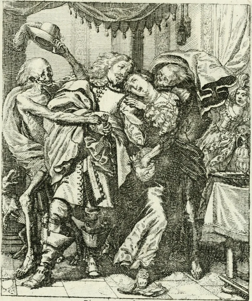 An illustration from Die menschliche Sterblichkeit unter dem Titel Todten-Tanz, in LXI. Original-Kupfern, 1759, leaf 68