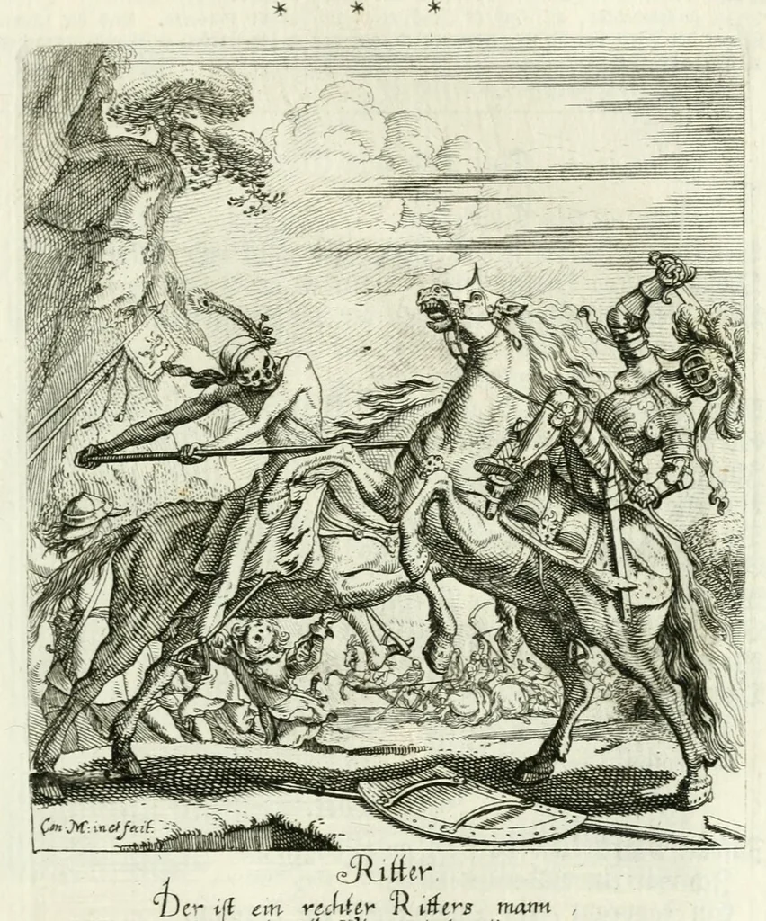 An illustration from Die menschliche Sterblichkeit unter dem Titel Todten-Tanz, in LXI. Original-Kupfern, 1759, leaf 71