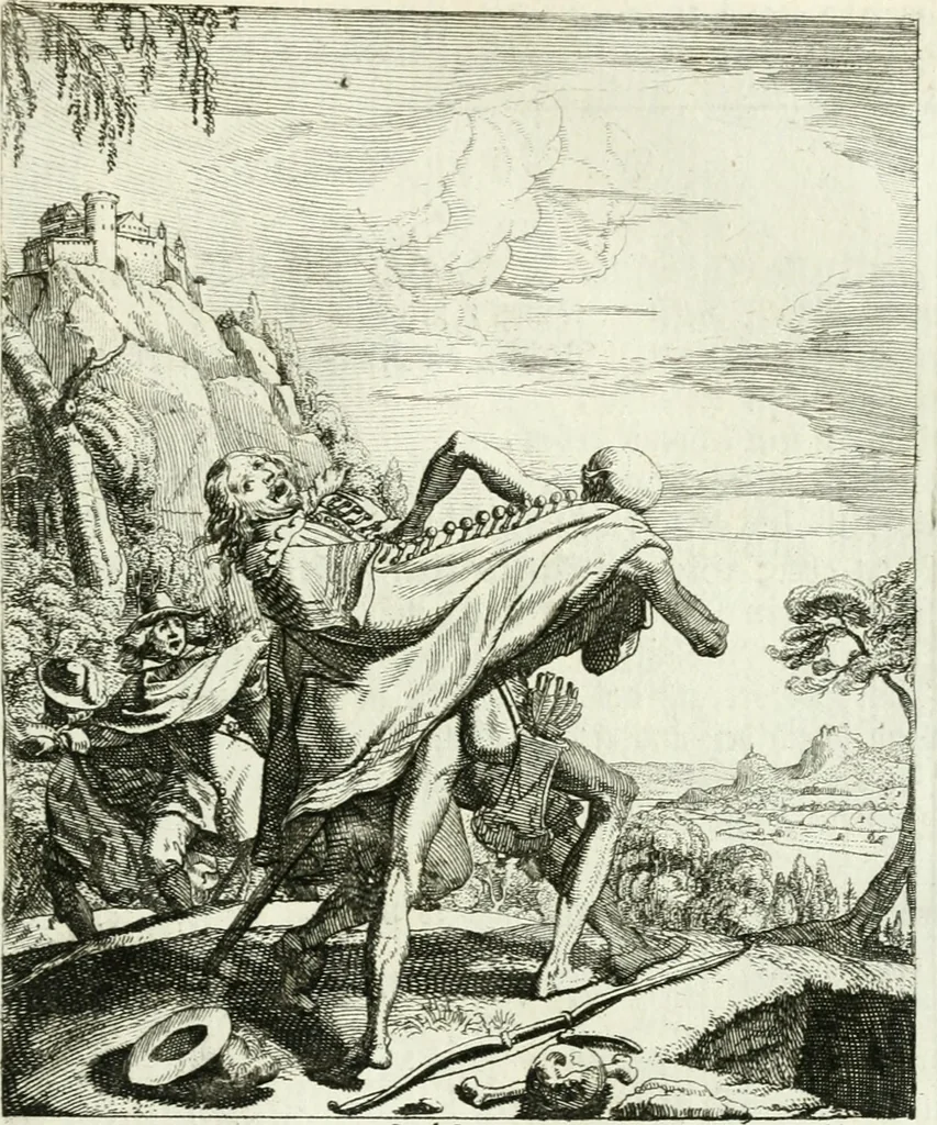 An illustration from Die menschliche Sterblichkeit unter dem Titel Todten-Tanz, in LXI. Original-Kupfern, 1759, leaf 72