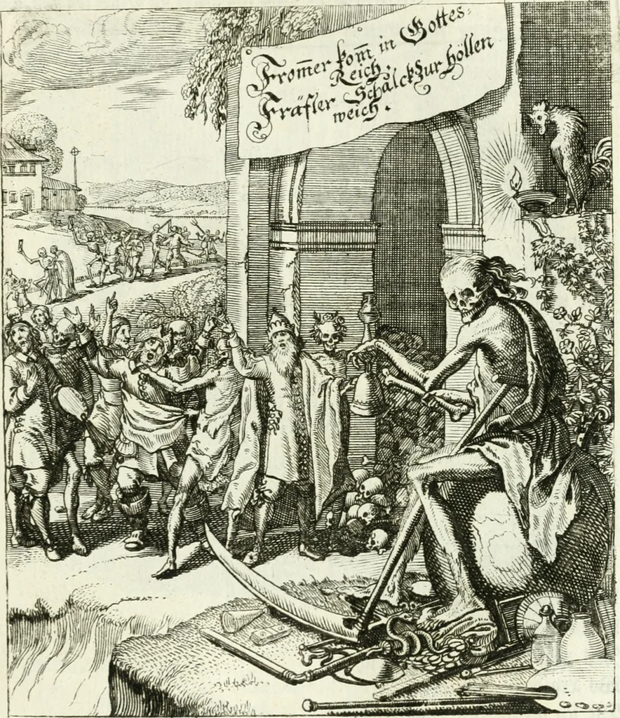 An illustration from Die menschliche Sterblichkeit unter dem Titel Todten-Tanz, in LXI. Original-Kupfern, 1759, leaf 82
