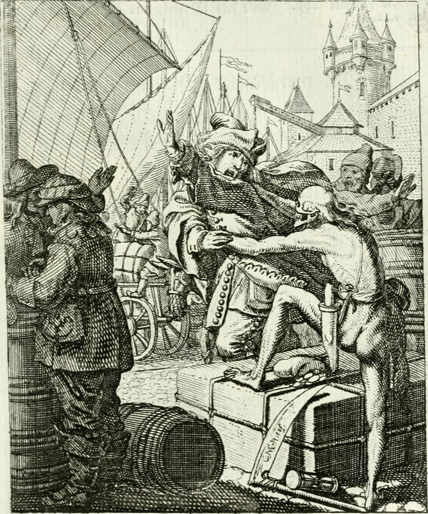An illustration from Die menschliche Sterblichkeit unter dem Titel Todten-Tanz, in LXI. Original-Kupfern, 1759, leaf 88