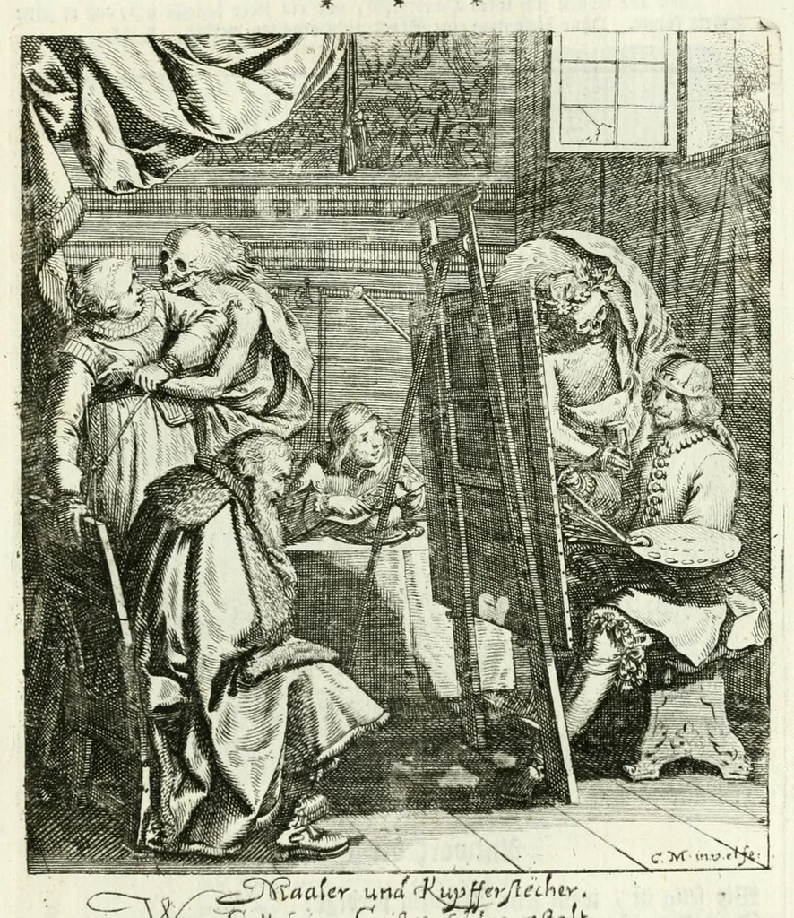 An illustration from Die menschliche Sterblichkeit unter dem Titel Todten-Tanz, in LXI. Original-Kupfern, 1759, leaf 91